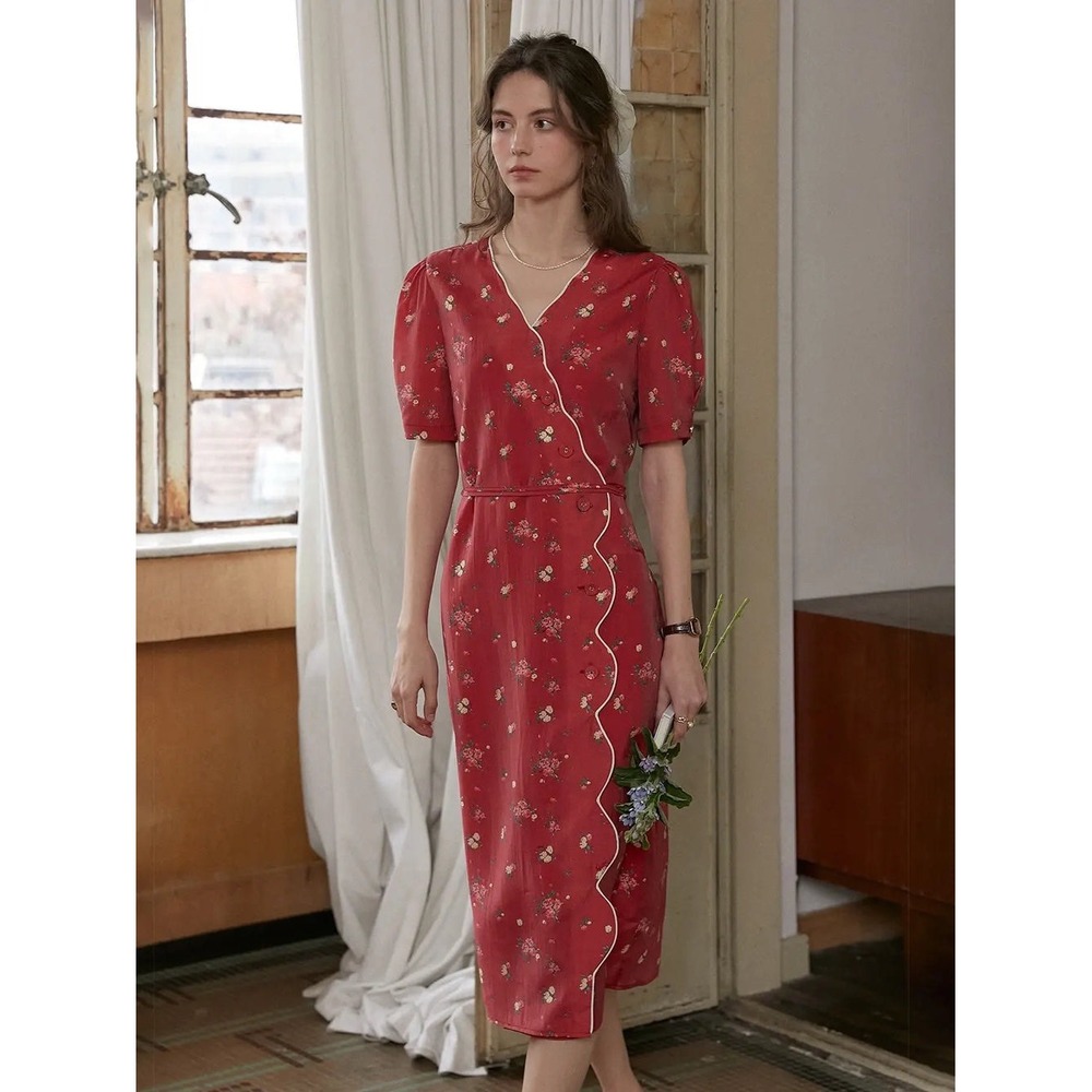 Simple Retro Kimura Floral Print Rayon Midi Dress in Red Size Small